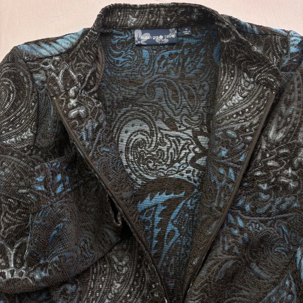 Susan Graver Style‎ Blue Black Paisley Jacquard Zip Jacket Womens 1X Mock Neck